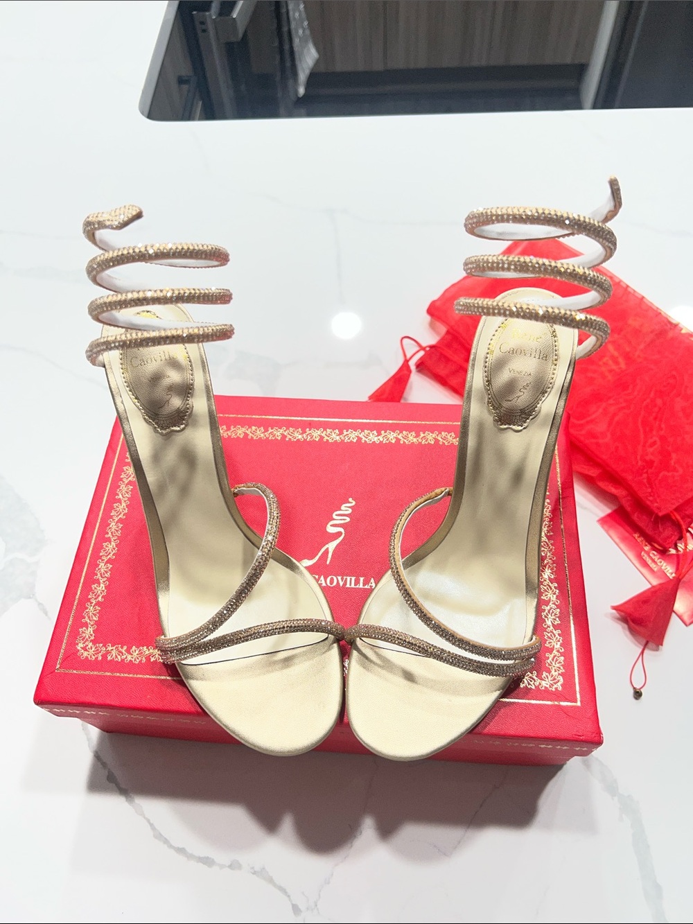 Rene Caovilla Gold Spiral-Strap Stiletto Sandals WORN 1 TIME